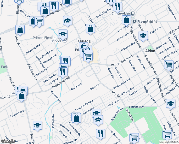 map of restaurants, bars, coffee shops, grocery stores, and more near 806 Willow Avenue in Clifton Heights