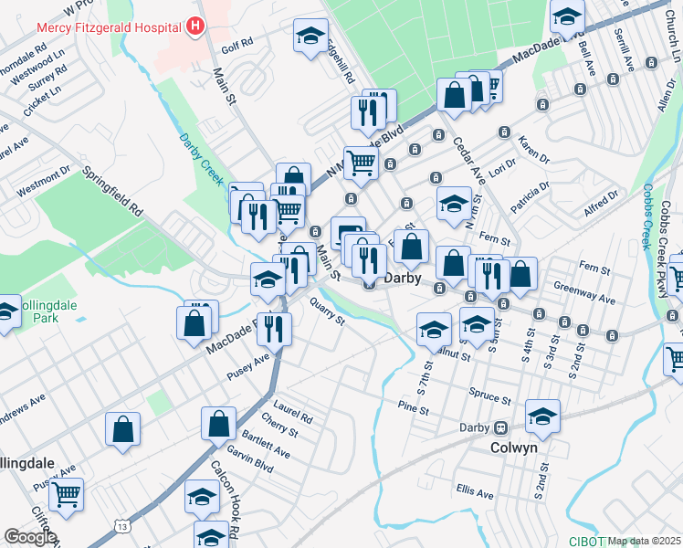 map of restaurants, bars, coffee shops, grocery stores, and more near 890 Main Street in Darby