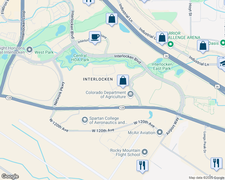 map of restaurants, bars, coffee shops, grocery stores, and more near 1 South Technology Court in Broomfield