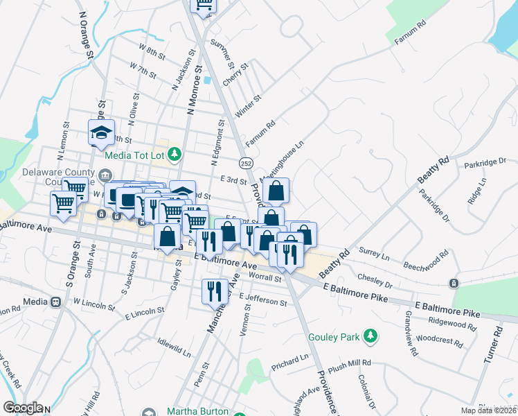 map of restaurants, bars, coffee shops, grocery stores, and more near 401 East Front Street in Media