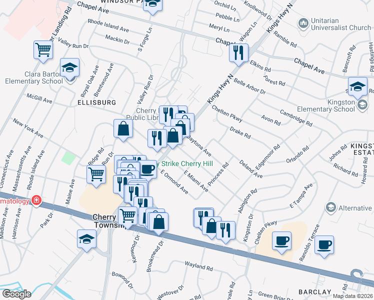 map of restaurants, bars, coffee shops, grocery stores, and more near 12 East Tampa Avenue in Cherry Hill