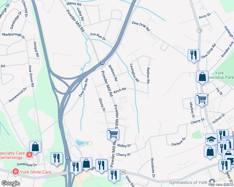 map of restaurants, bars, coffee shops, grocery stores, and more near 152 Kirch Road in York