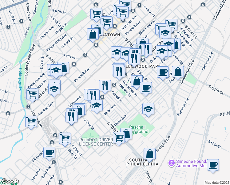map of restaurants, bars, coffee shops, grocery stores, and more near 2523 S Carroll St in Philadelphia