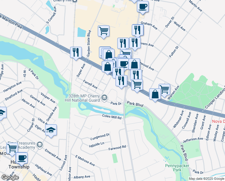 map of restaurants, bars, coffee shops, grocery stores, and more near 418 Park Place Drive in Cherry Hill