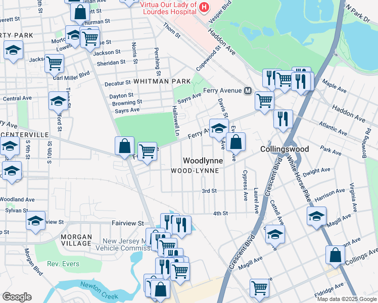 map of restaurants, bars, coffee shops, grocery stores, and more near 2024b Woodlynne Avenue in Woodlynne