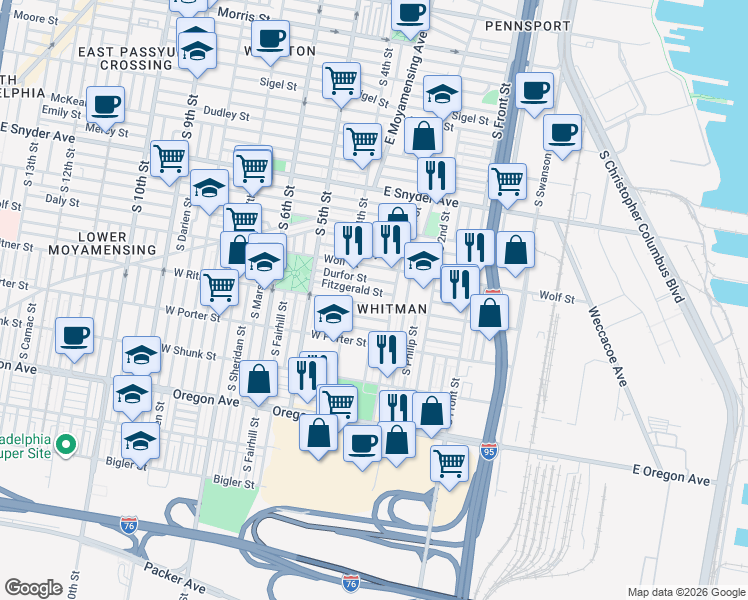 map of restaurants, bars, coffee shops, grocery stores, and more near in Philadelphia