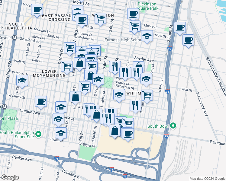 map of restaurants, bars, coffee shops, grocery stores, and more near 2433 South 5th Street in Philadelphia