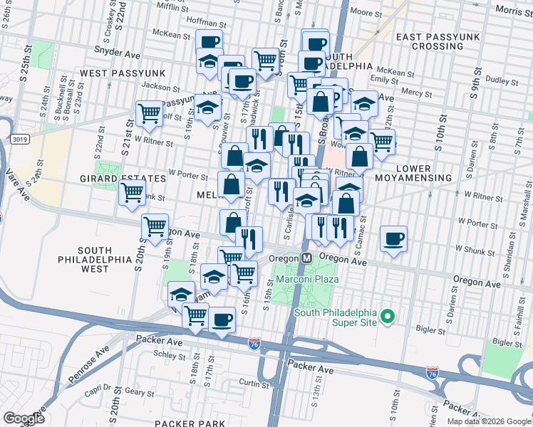 map of restaurants, bars, coffee shops, grocery stores, and more near 2620 South Mole Street in Philadelphia