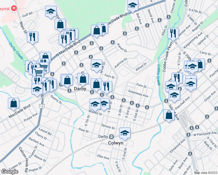 map of restaurants, bars, coffee shops, grocery stores, and more near 599 Main Street in Darby