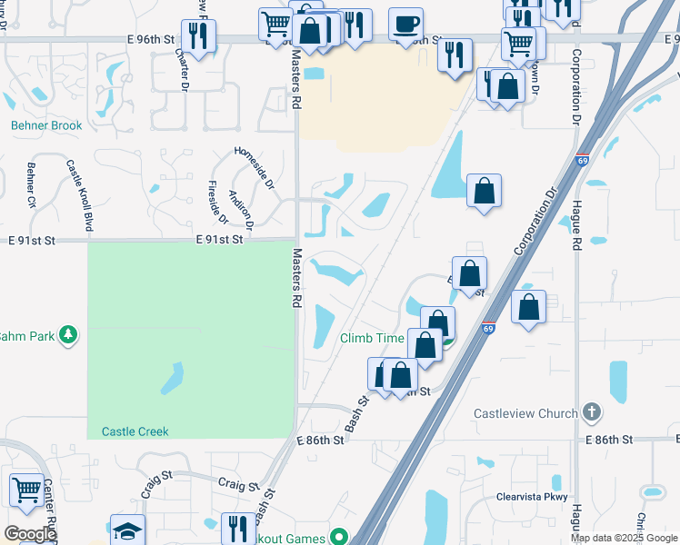 map of restaurants, bars, coffee shops, grocery stores, and more near 7054 PGA Drive in Indianapolis
