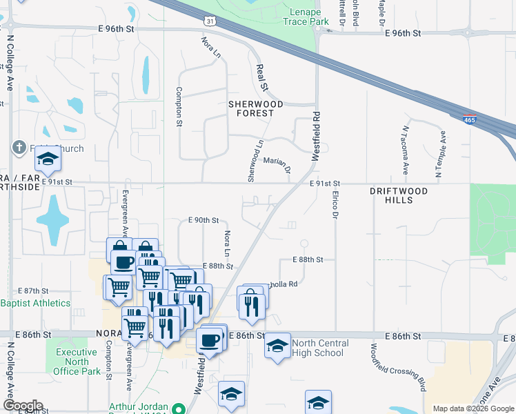 map of restaurants, bars, coffee shops, grocery stores, and more near 8864 Westfield Boulevard in Indianapolis