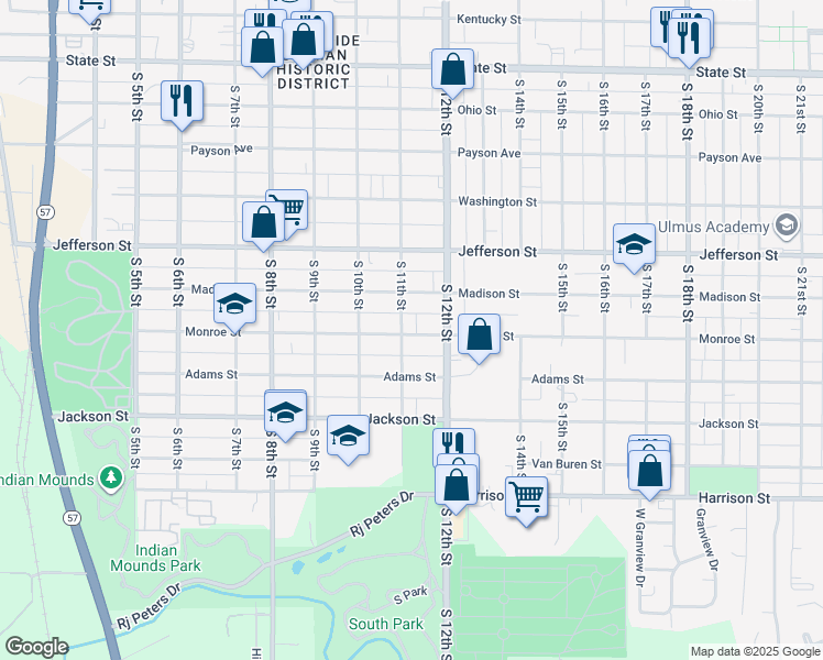 map of restaurants, bars, coffee shops, grocery stores, and more near 1104 Monroe Street in Quincy