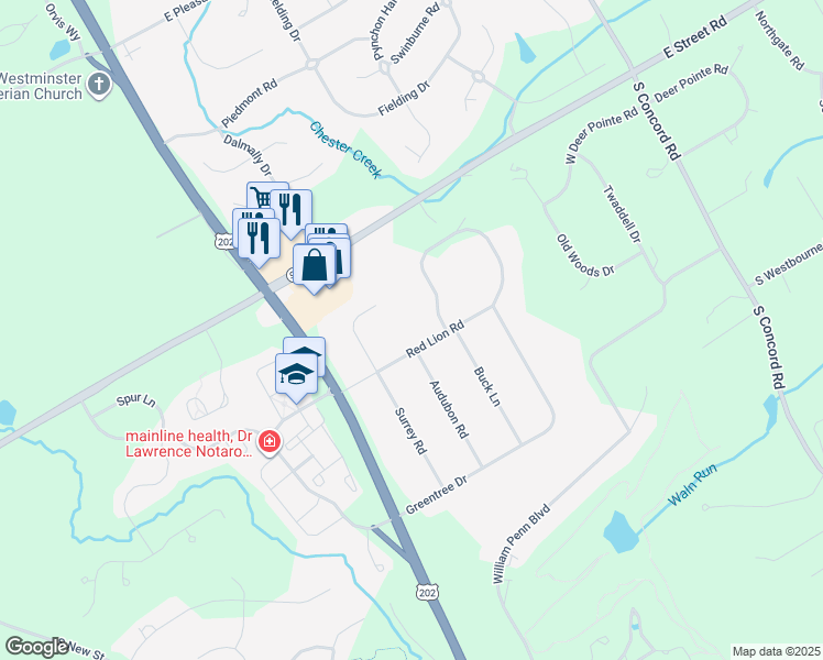 map of restaurants, bars, coffee shops, grocery stores, and more near 211 Red Lion Road in West Chester