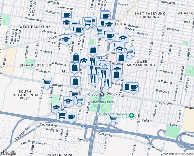 map of restaurants, bars, coffee shops, grocery stores, and more near 2543 South Carlisle Street in Philadelphia