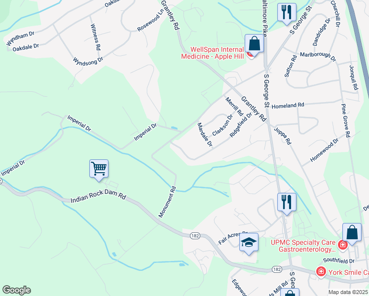 map of restaurants, bars, coffee shops, grocery stores, and more near 201 Ridgefield Drive in York