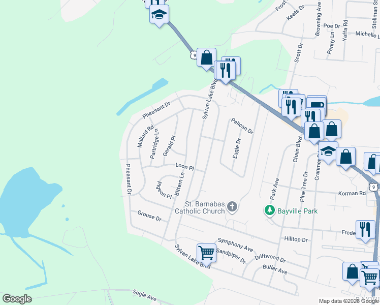 map of restaurants, bars, coffee shops, grocery stores, and more near 45 Bittern Lane in Ocean County