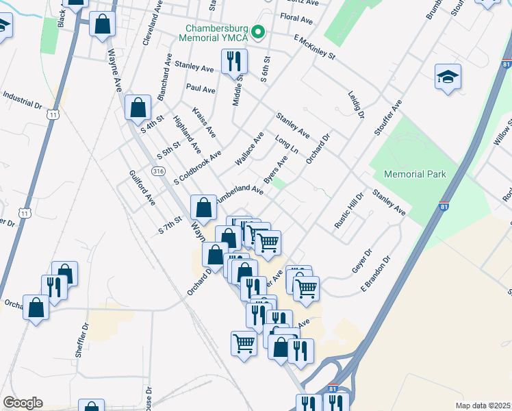 map of restaurants, bars, coffee shops, grocery stores, and more near 770 Cumberland Avenue in Chambersburg