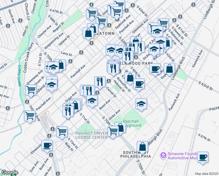 map of restaurants, bars, coffee shops, grocery stores, and more near 2523 S Carroll St in Philadelphia