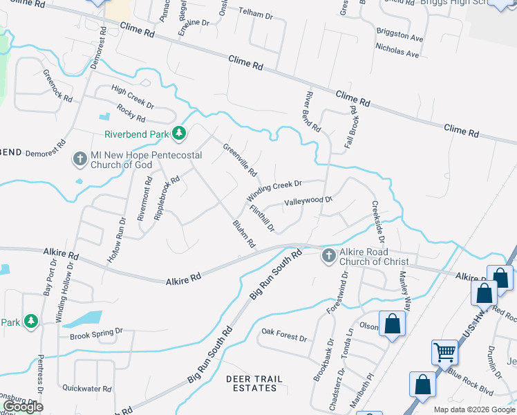 map of restaurants, bars, coffee shops, grocery stores, and more near 1783 Flinthill Drive in Columbus