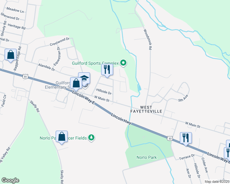 map of restaurants, bars, coffee shops, grocery stores, and more near 20 Harbo Road in Chambersburg