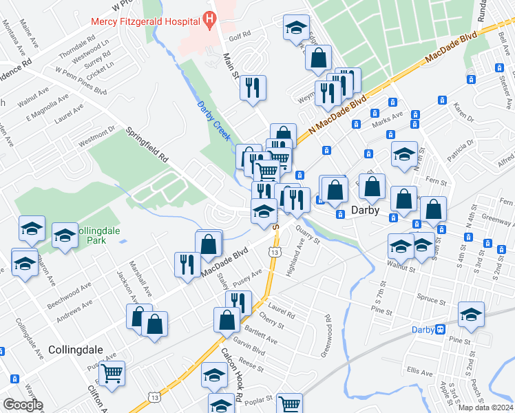 map of restaurants, bars, coffee shops, grocery stores, and more near 955 Springfield Road in Darby