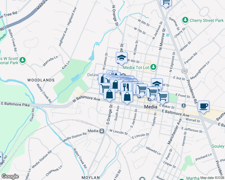 map of restaurants, bars, coffee shops, grocery stores, and more near 215 West Baker Street in Media