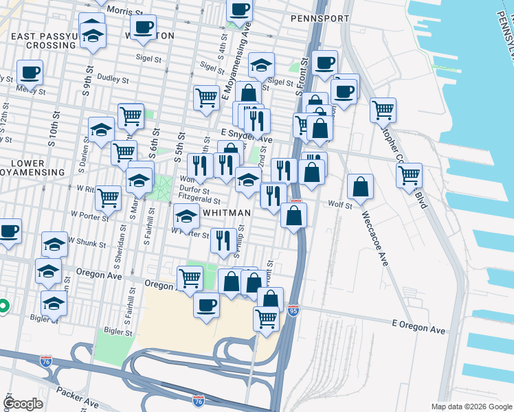 map of restaurants, bars, coffee shops, grocery stores, and more near 126 West Ritner Street in Philadelphia