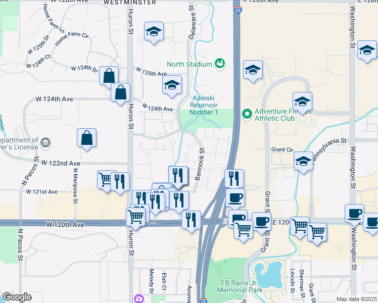map of restaurants, bars, coffee shops, grocery stores, and more near 300 West 123rd Avenue in Westminster