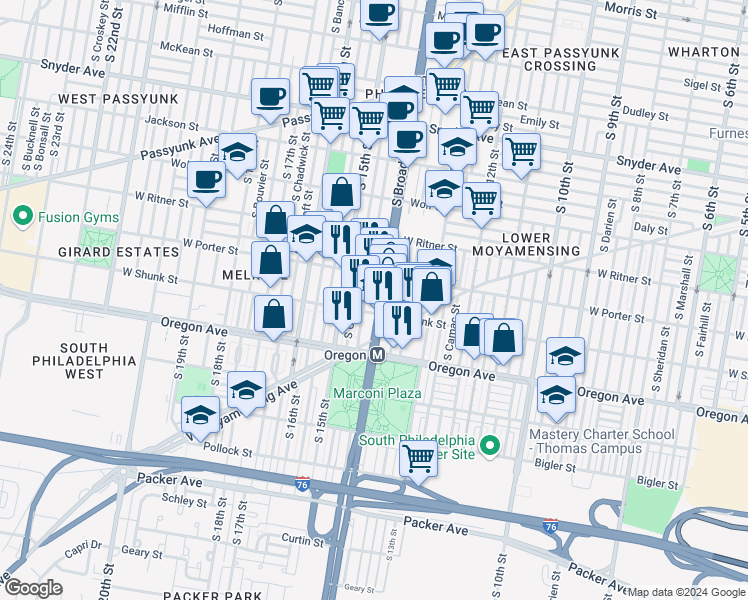 map of restaurants, bars, coffee shops, grocery stores, and more near 2532 South Broad Street in Philadelphia