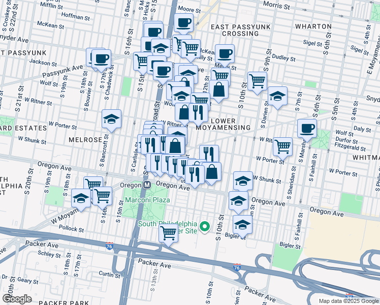 map of restaurants, bars, coffee shops, grocery stores, and more near 2503 South Camac Street in Philadelphia