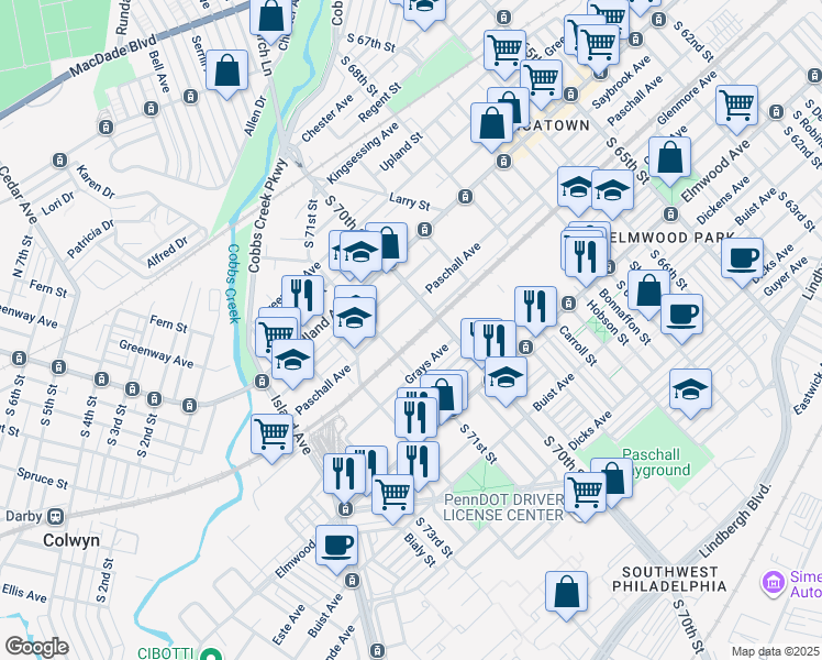 map of restaurants, bars, coffee shops, grocery stores, and more near 7001 Linmore Avenue in Philadelphia