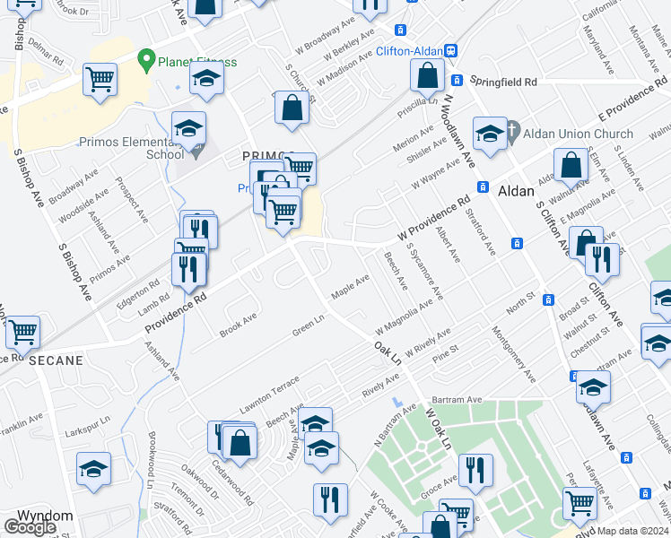 map of restaurants, bars, coffee shops, grocery stores, and more near 19 North Jeffrey Road in Aldan