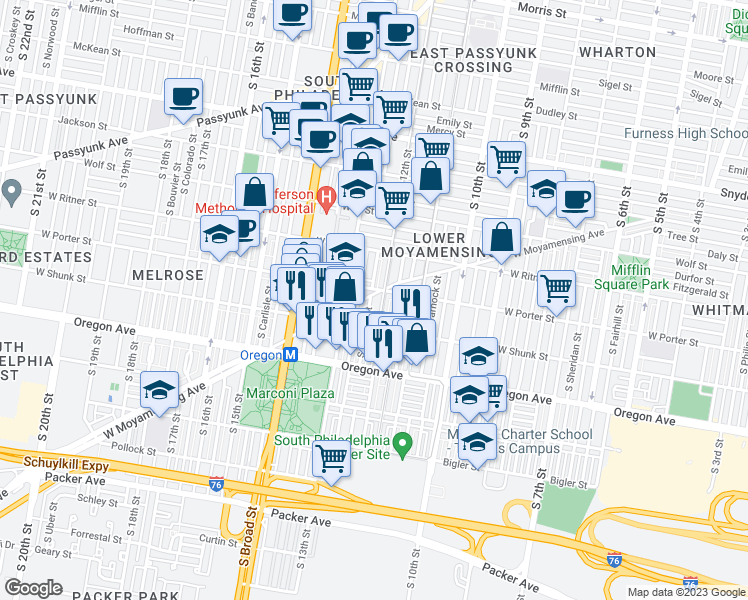map of restaurants, bars, coffee shops, grocery stores, and more near 2503 South Camac Street in Philadelphia