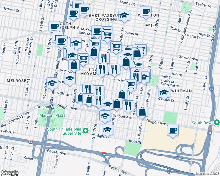 map of restaurants, bars, coffee shops, grocery stores, and more near 2447 South Percy Street in Philadelphia