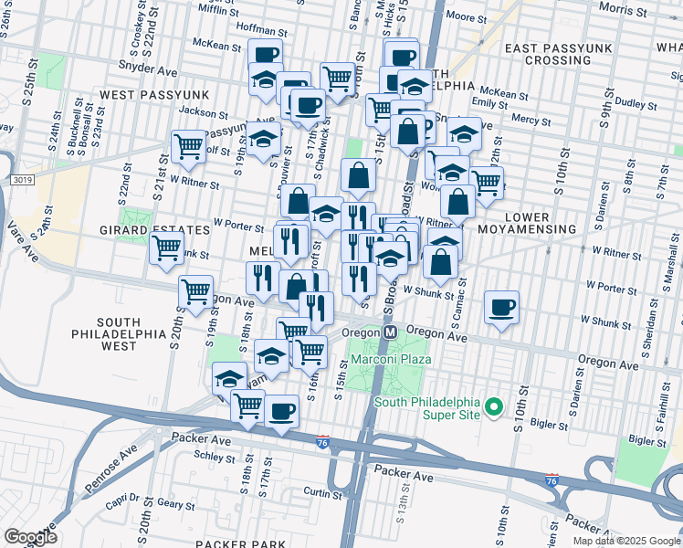 map of restaurants, bars, coffee shops, grocery stores, and more near 1521 West Shunk Street in Philadelphia