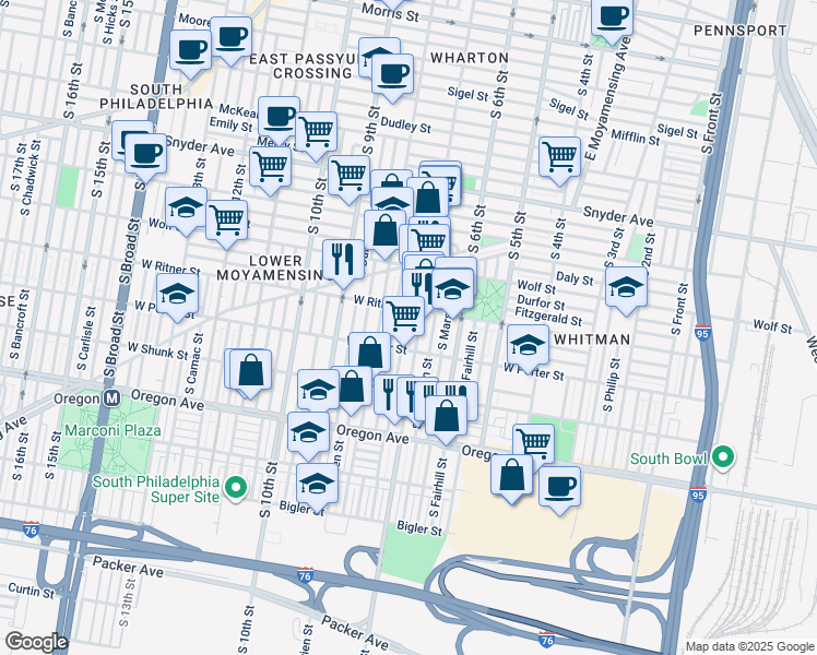 map of restaurants, bars, coffee shops, grocery stores, and more near 2425 South Beulah Street in Philadelphia