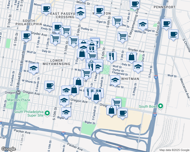 map of restaurants, bars, coffee shops, grocery stores, and more near 2416 South Marshall Street in Philadelphia