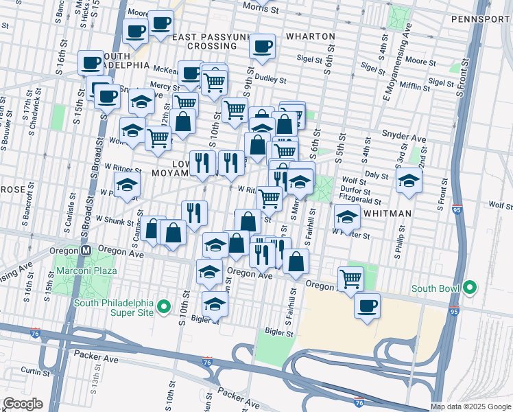map of restaurants, bars, coffee shops, grocery stores, and more near 2431 South 8th Street in Philadelphia