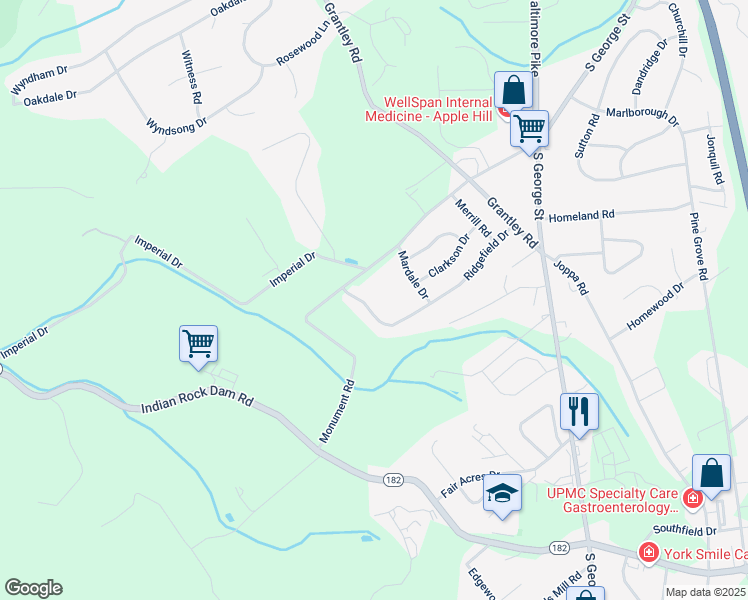 map of restaurants, bars, coffee shops, grocery stores, and more near 201 Ridgefield Drive in York
