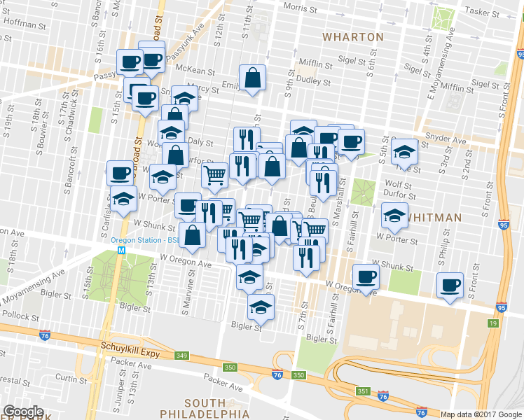 map of restaurants, bars, coffee shops, grocery stores, and more near 2445 South Percy Street in Philadelphia