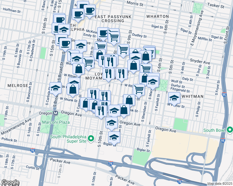 map of restaurants, bars, coffee shops, grocery stores, and more near 2447 South Percy Street in Philadelphia