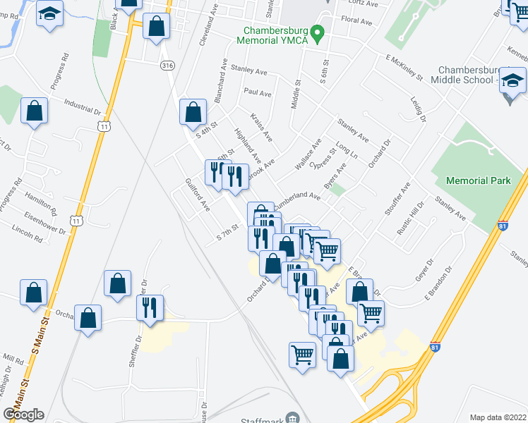 map of restaurants, bars, coffee shops, grocery stores, and more near 658 Cumberland Avenue in Chambersburg