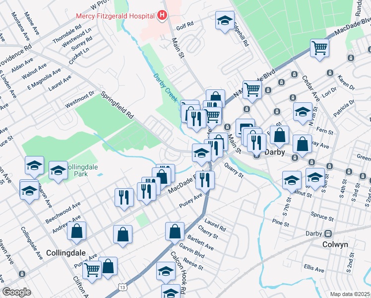 map of restaurants, bars, coffee shops, grocery stores, and more near 1 Creek Avenue in Darby