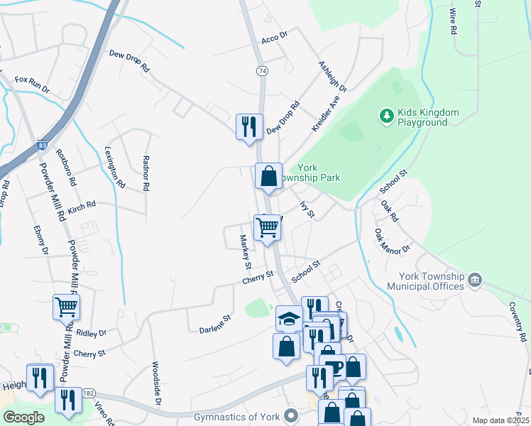 map of restaurants, bars, coffee shops, grocery stores, and more near 2374 South Queen Street in York