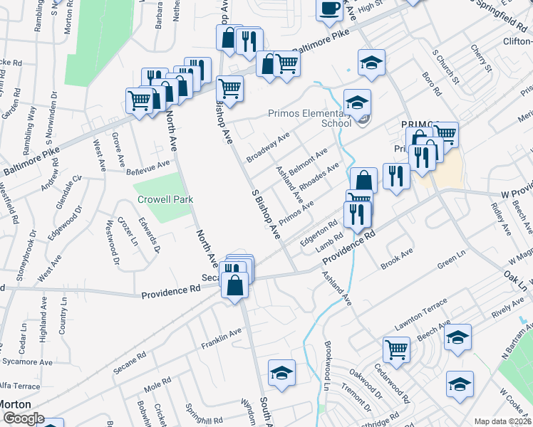 map of restaurants, bars, coffee shops, grocery stores, and more near 401 South Bishop Avenue in Delaware County