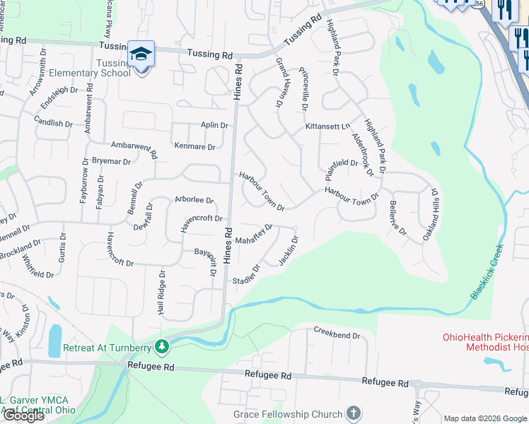 map of restaurants, bars, coffee shops, grocery stores, and more near 3233 Mahaffey Court in Pickerington