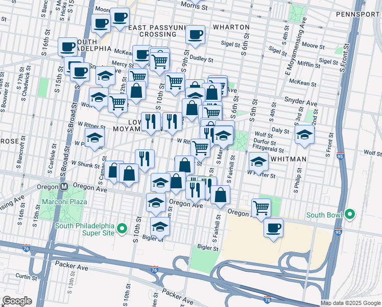 map of restaurants, bars, coffee shops, grocery stores, and more near 2431 South 8th Street in Philadelphia