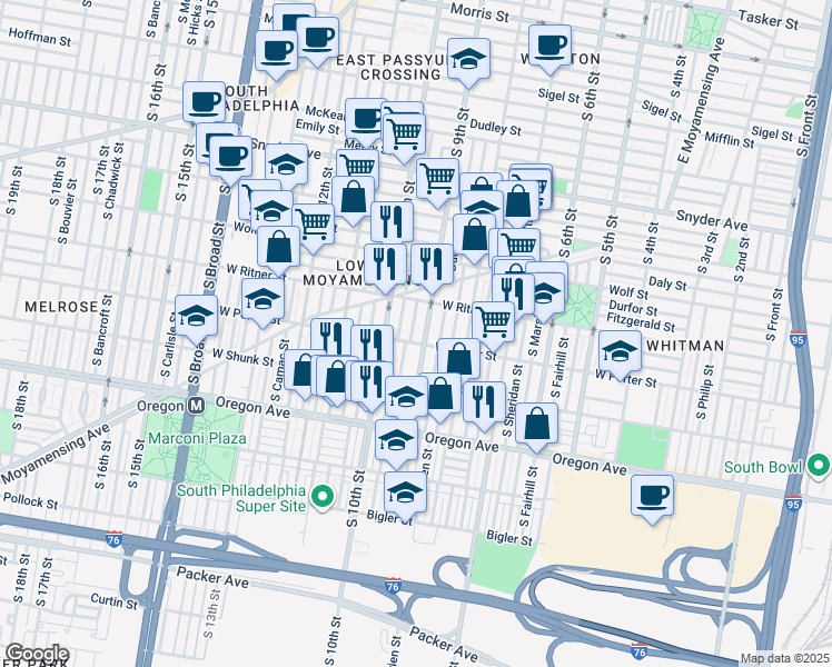 map of restaurants, bars, coffee shops, grocery stores, and more near 2445 South Percy Street in Philadelphia