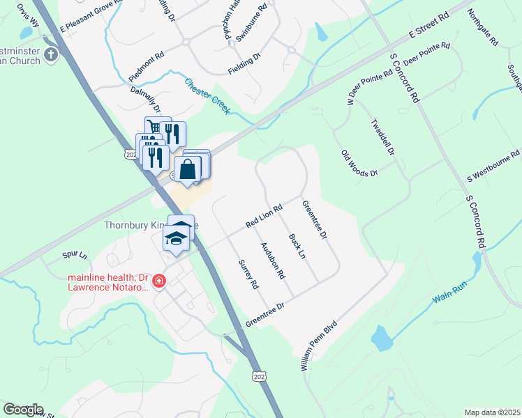 map of restaurants, bars, coffee shops, grocery stores, and more near 215 Red Lion Road in West Chester