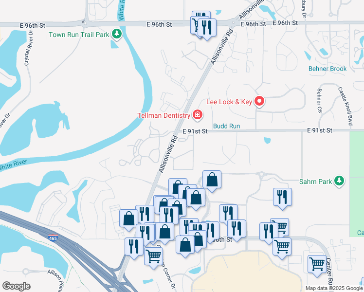 map of restaurants, bars, coffee shops, grocery stores, and more near 10 Warwick Castle Lane in Indianapolis